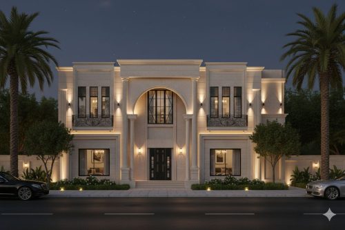 A masterpiece of Neoclassical architecture where timeless elegance meets modern sophistication. This villa design features symmetrical proportions, exquisite stone craftsmanship, and a warm lighting scheme that highlights its grand facade. Designed with precision to redefine luxury living
